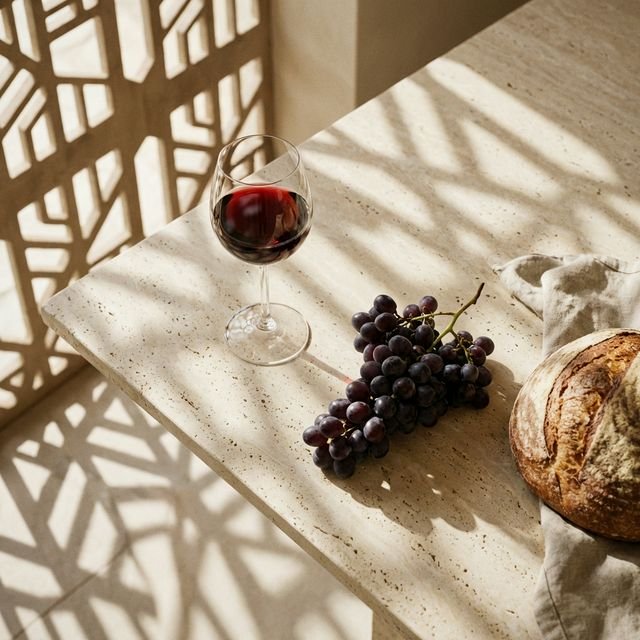 Rustic bread and wine setting
